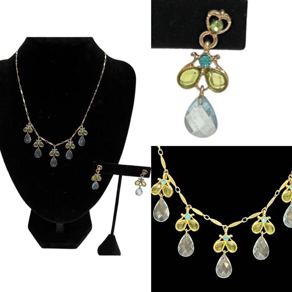 Light Blue Green Teardrop Crystal Necklace Earring Gold Tone Set 2028 Brand - Picture 2 of 7